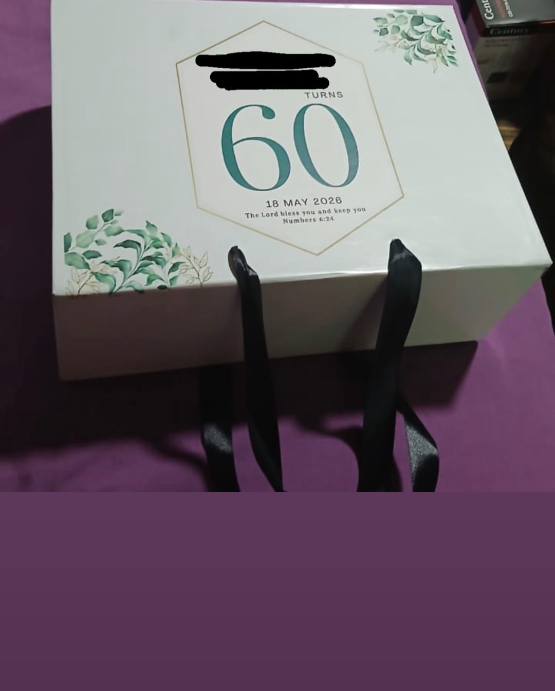 Personalised 60th birthday gift box with green botanical design and ribbon handles
