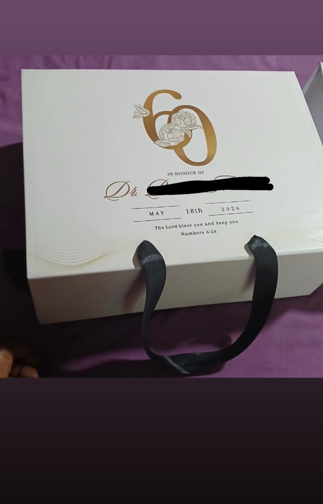 Personalised 60th birthday gift box in gold and cream, in honour of the celebrant